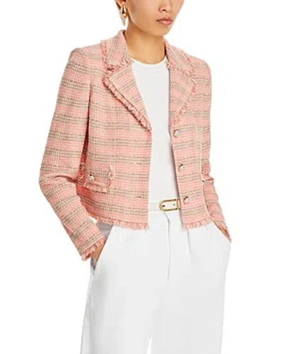 Shop Misook Fringe Trim Tweed Jacket In Porcelain Pink/multi