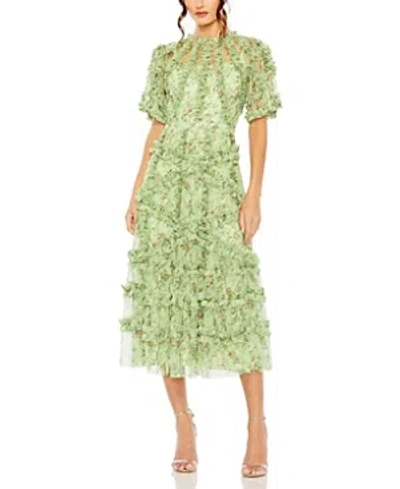 Mac Duggal Floral Flutter Sleeve Ruffle Mesh A-line Dress In Sage Multi
