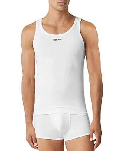 Shop Versace Cotton Blend Ribbed Logo Embroidered Tank In Optical White
