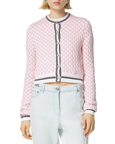 Shop Versace Jacquard Check Cardigan Sweater In White/pale Pink