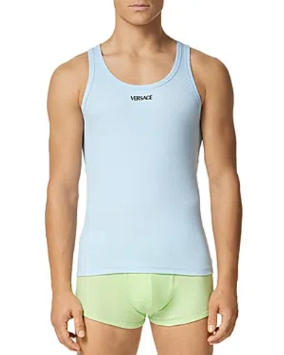 Shop Versace Cotton Blend Ribbed Logo Embroidered Tank In 95 Pastel