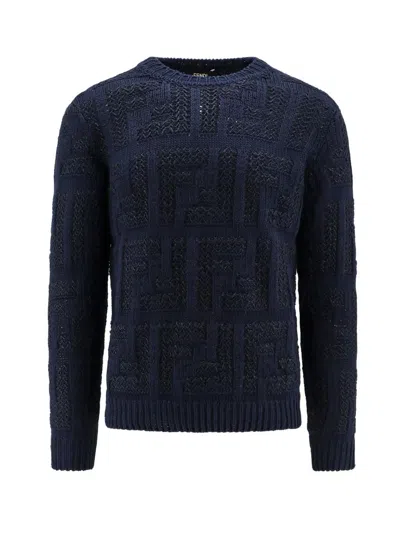 Shop Fendi Cotton Blend Crew-neck Sweater In Blue