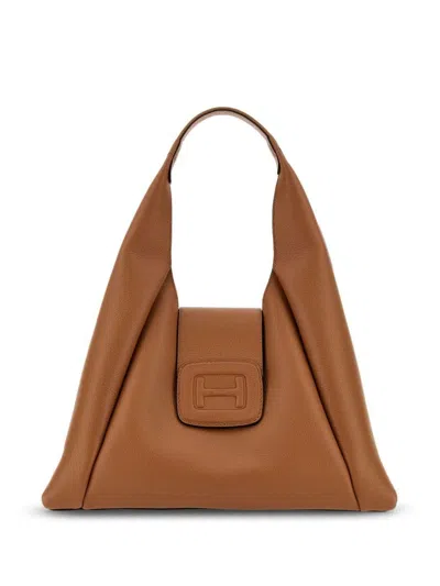 Shop Hogan H-bag Hobo Medium Leather Shoulder Bag In Leather Brown