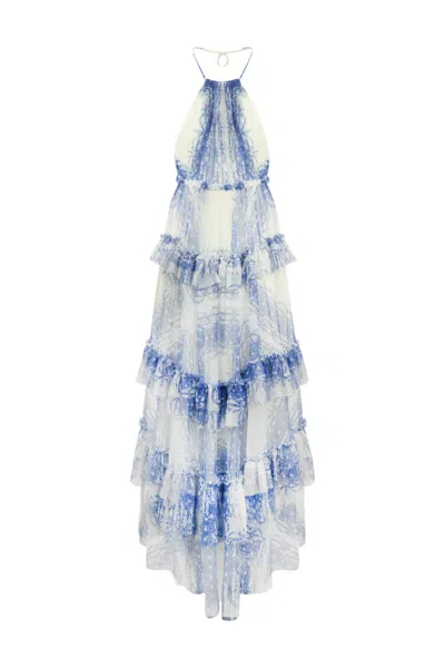 Shop Philosophy Di Lorenzo Serafini Long Tulle Dress With Print In Bianco/azzurro