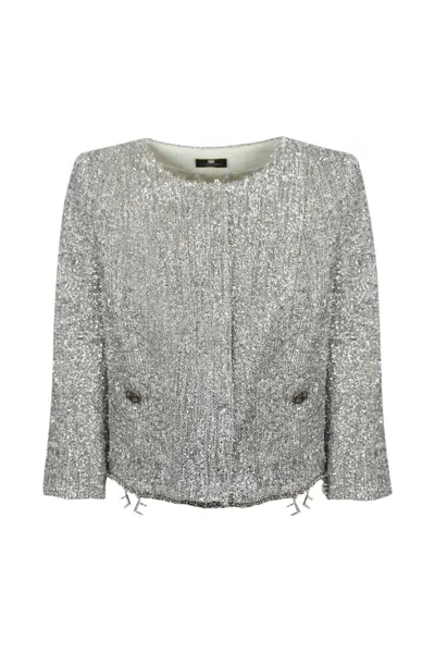 Shop Elisabetta Franchi Lurex Tweed Jacket With Pendants In Argento