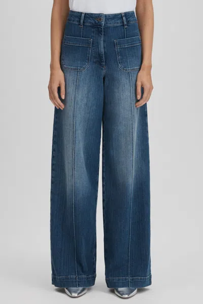 Shop Reiss Kira - Mid Blue Front Pocket Wide Leg Jeans, Uk 26 R