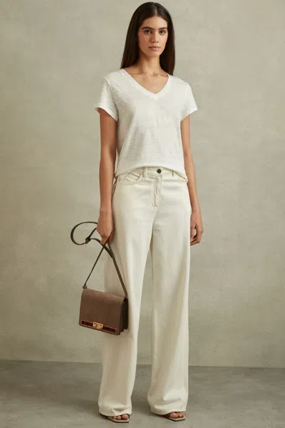 Reiss White Marled Linen V Neck T-shirt In White