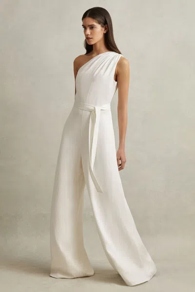 Reiss Ivory One-shoulder Belted Jumpsuit In Ivory