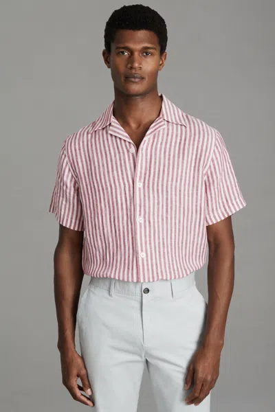 Shop Reiss Beldi - Pink Stripe Relaxed Linen Cuban Collar Shirt, Xxl