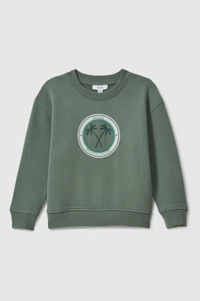 Shop Reiss Marin - Dark Sage Junior Cotton Motif Crew Neck Sweatshirt, Age 8-9 Years