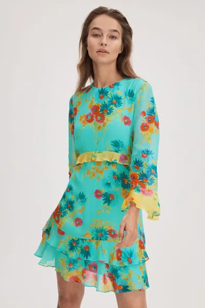 Shop Florere Printed Ruffle Mini Dress In Turquoise