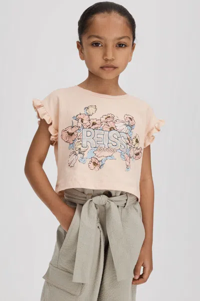 Shop Reiss Pink Saskia 4-9 Yrs Ruffle Sleeve Cropped Motif T-shirt