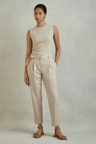 Shop Reiss Hutton - Stone Cropped Cotton Blend Belted Trousers, Us 8