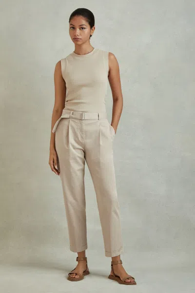 Reiss Stone Cropped Cotton Blend Belted Trousers In Stone