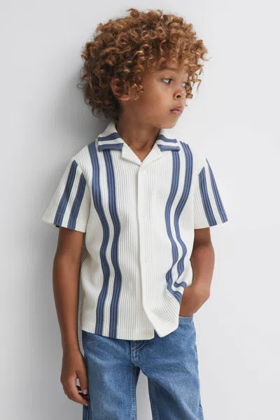 Shop Reiss Castle - White/airforce Blue Ribbed Striped Cuban Collar Shirt, Uk 13-14 Yrs