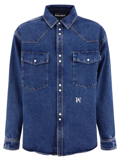 Shop Palm Angels "lw Monogram" Overshirt Jacket In Blue