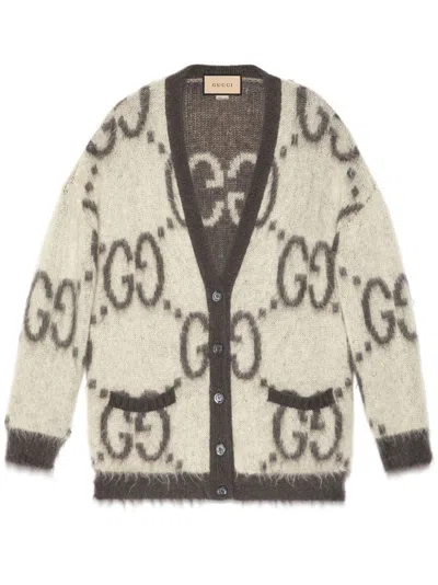 Shop Gucci Brown Gg-jacquard Reversible Cardigan - Women's - Polyamide/wool/mohair In Neutrals