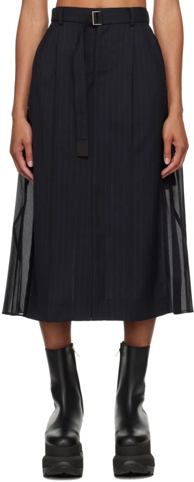 Shop Sacai Navy Pinstripe Midi Skirt In 201 Navy