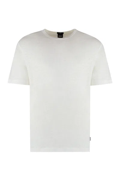 Shop Hugo Boss Boss Linen Crew-neck T-shirt In White