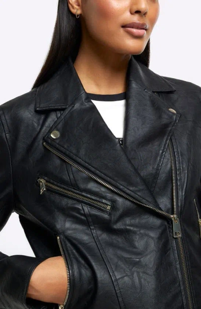 Shop River Island Faux Leather Biker Jacket With Removable Faux Fur Trim In Black