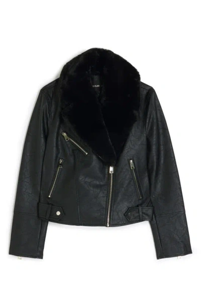 Shop River Island Faux Leather Biker Jacket With Removable Faux Fur Trim In Black
