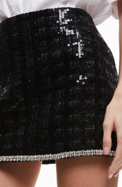 Shop Alice And Olivia Rubi Sequin Tweed Embellished Hem Miniskirt In Black