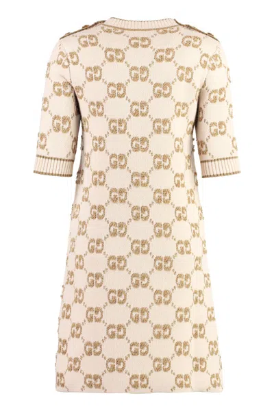 Shop Gucci Jacquard Knit Mini-dress In Beige