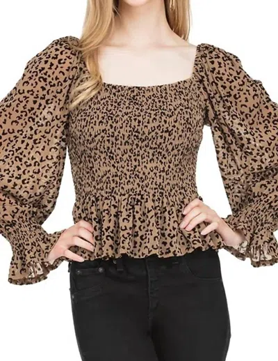 Shop Joy Joy Velvet Smocked Blouse In Gold Cheetah In Brown