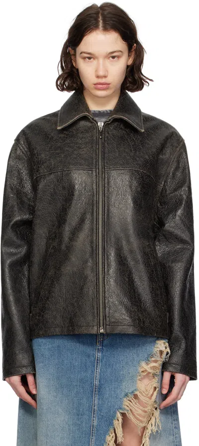 Shop Guess Usa Black Crackle Leather Jacket In Jblk Jet Black A996