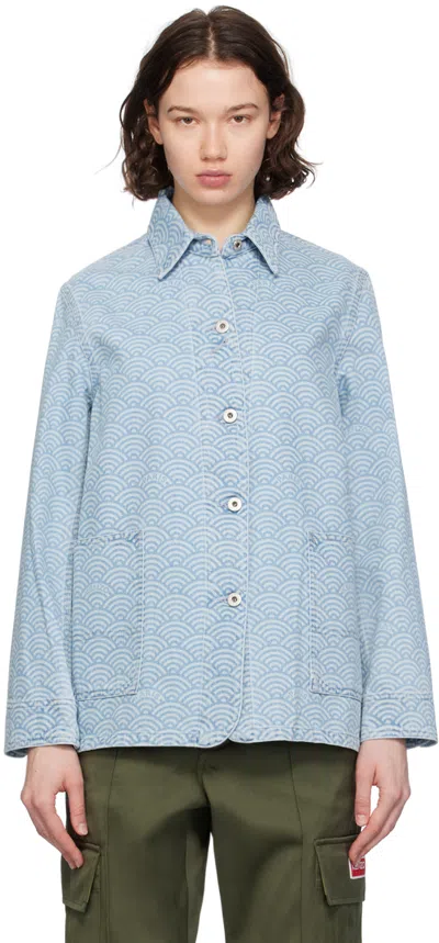 Shop Kenzo Blue  Paris Pattern Denim Jacket In Stone Bleached Blue