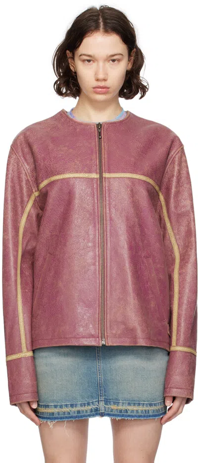 Shop Guess Usa Pink Crackle Leather Jacket In P669 Distressed Dams