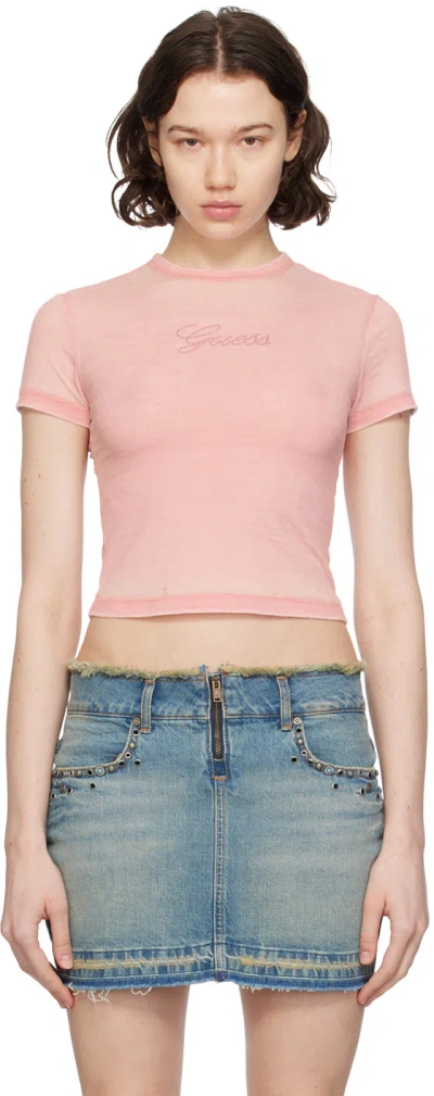 Shop Guess Usa Pink Cropped T-shirt In A608 Faded Rose