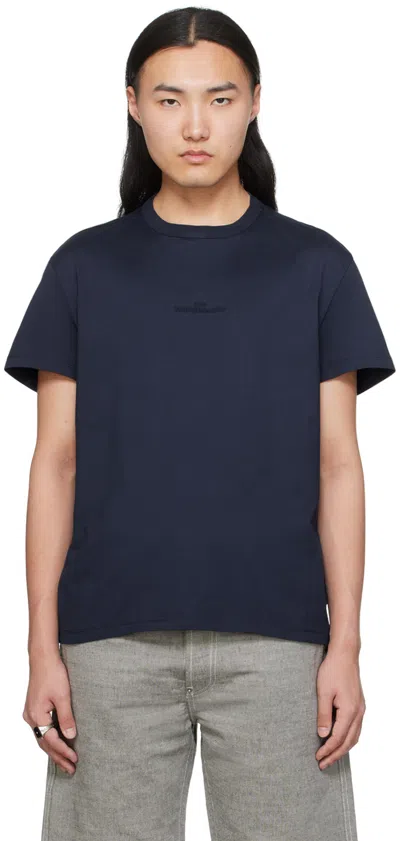Shop Maison Margiela Navy Crewneck T-shirt In 505 Blue/ Tonal Embr