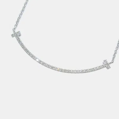 Pre-owned Tiffany & Co 18k White Gold Diamond T Smile Necklace