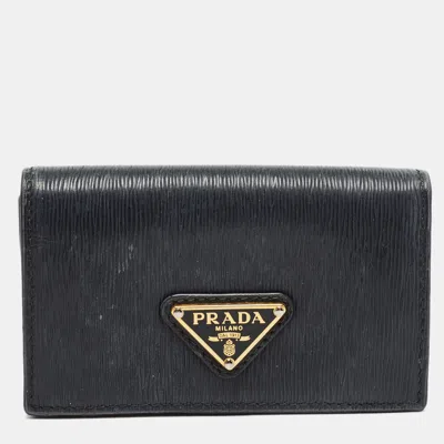 Pre-owned Prada Black Move Leather Logo Flap Card Holder