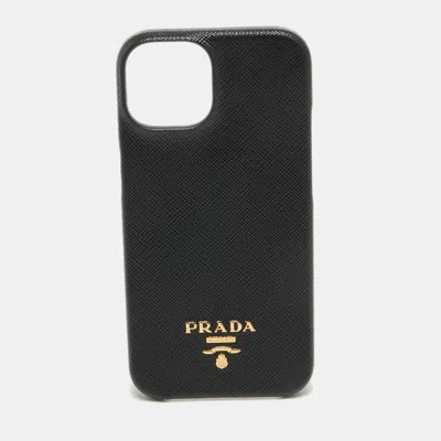 Pre-owned Prada Black Saffiano Leather Iphone 14 Case