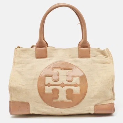 Pre-owned Tory Burch Natural/beige Canvas And Leather Large Ella Tote