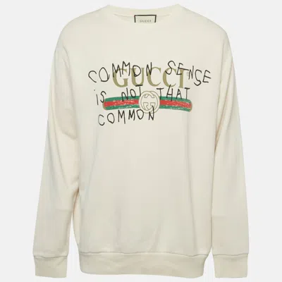 Pre-owned Gucci Cream Common Sense Logo Print Cotton Distressed Sweatshirt M