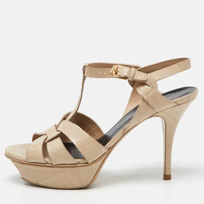 Pre-owned Saint Laurent Yves  Beige Croc Embossed Leather Tribute Ankle Strap Sandals Size 37.5