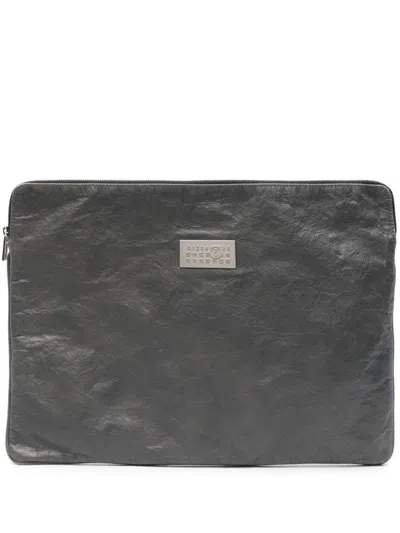 Shop Mm6 Maison Margiela Calf Leather Laptop Bag With Crinkled Effect In Black