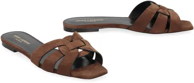 Shop Saint Laurent Tribute Suede Sandals In Brown
