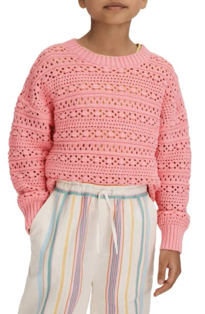 Shop Reiss Kids' Open Stitch Cotton Crewneck Sweater In Pink