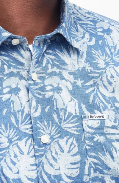 Shop Barbour Ives Regular Fit Leaf Print Short Sleeve Cotton Button-up Shirt In Blue