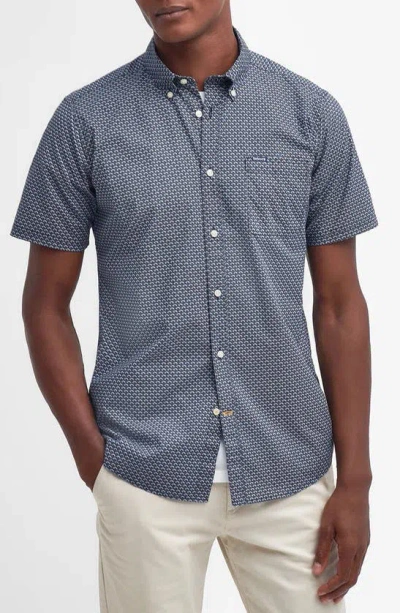 Shop Barbour Tailored Fit Scallop Print Short Sleeve Cotton Button-down Shirt In Navy
