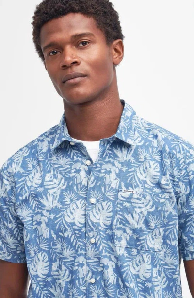 Shop Barbour Ives Regular Fit Leaf Print Short Sleeve Cotton Button-up Shirt In Blue