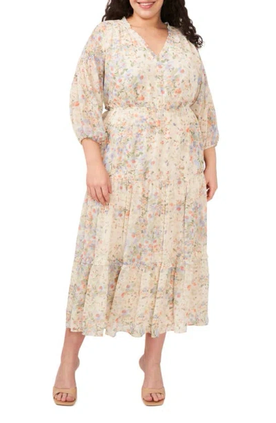 Shop Cece Floral Tiered Long Sleeve Maxi Dress In Egret