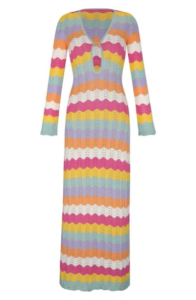 Shop Capittana Ella Stripe Long Sleeve Knit Cover-up Dress In Multicolor Pink