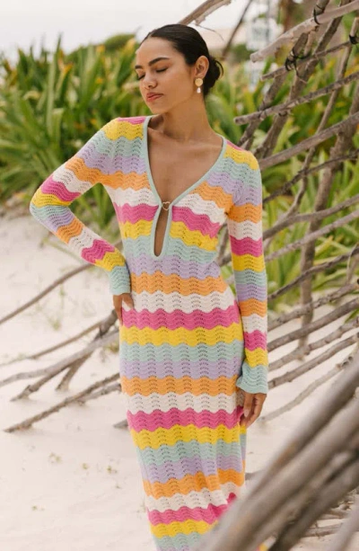 Shop Capittana Ella Stripe Long Sleeve Knit Cover-up Dress In Multicolor Pink