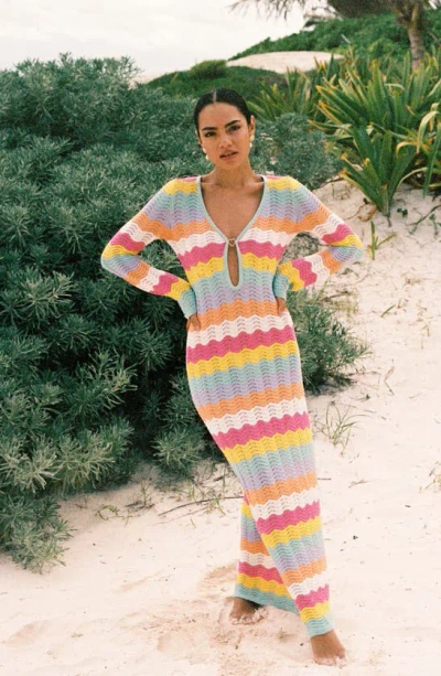 Shop Capittana Ella Stripe Long Sleeve Knit Cover-up Dress In Multicolor Pink