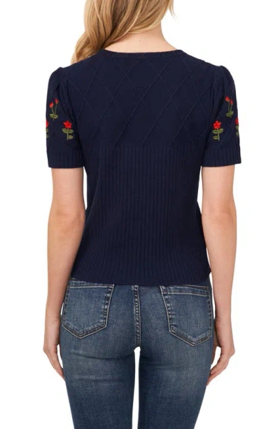 Shop Cece Embroidered Flowers Rib Sweater In Classic Navy Blue